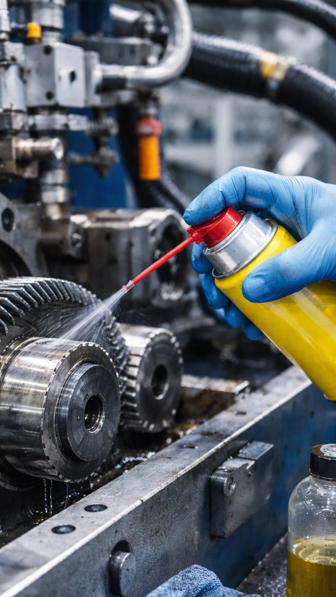 Öl wird auf Zahnrad auftgetragen, Stimmungsbild für Ölresistente Schäume.